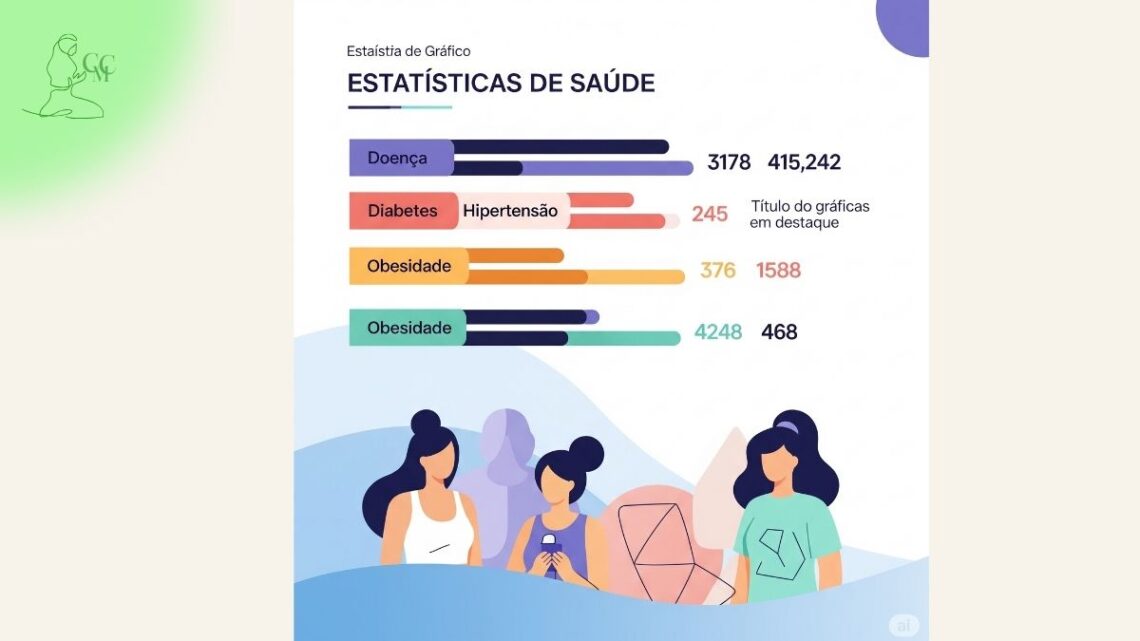 Gráfico de barras moderno e estilizado, com design clean, exibindo estatísticas de saúde sobre doenças crônicas (diabetes, hipertensão e obesidade) no Brasil. Cada barra representa uma doença, com ícones estilizados e coloridos (pâncreas para diabetes, coração para hipertensão e pessoa com excesso de peso para obesidade), tornando-o visualmente atrativo e fácil de entender. Em segundo plano, representações abstratas de pessoas saudáveis em tons suaves, transmitindo a ideia de bem-estar.
