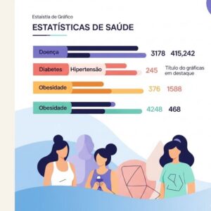 Gráfico de barras moderno e estilizado, com design clean, exibindo estatísticas de saúde sobre doenças crônicas (diabetes, hipertensão e obesidade) no Brasil. Cada barra representa uma doença, com ícones estilizados e coloridos (pâncreas para diabetes, coração para hipertensão e pessoa com excesso de peso para obesidade), tornando-o visualmente atrativo e fácil de entender. Em segundo plano, representações abstratas de pessoas saudáveis em tons suaves, transmitindo a ideia de bem-estar.