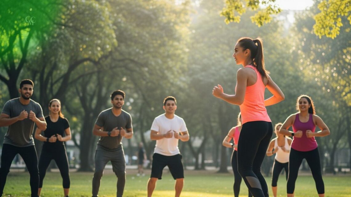 Uma pessoa sorrindo enquanto faz alongamento ao ar livre, com um dia ensolarado e natureza ao fundo, transmitindo bem-estar e energia.
