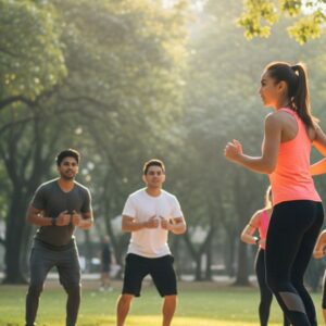 Uma pessoa sorrindo enquanto faz alongamento ao ar livre, com um dia ensolarado e natureza ao fundo, transmitindo bem-estar e energia.