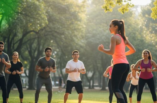 Uma pessoa sorrindo enquanto faz alongamento ao ar livre, com um dia ensolarado e natureza ao fundo, transmitindo bem-estar e energia.