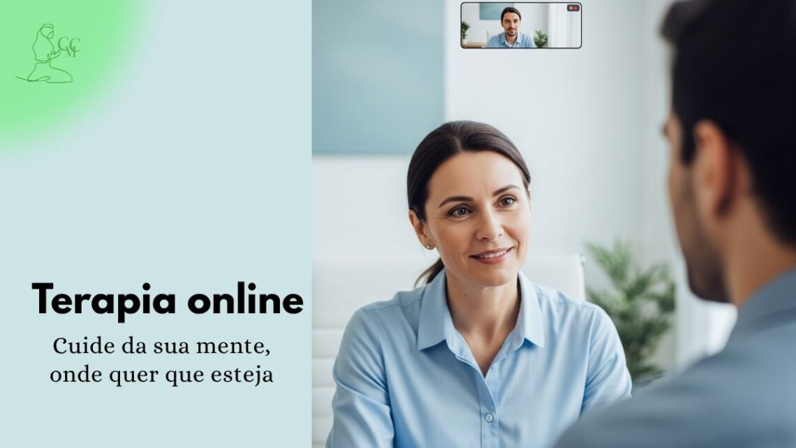 Profissional de saúde mental atendendo paciente em terapia online por videochamada