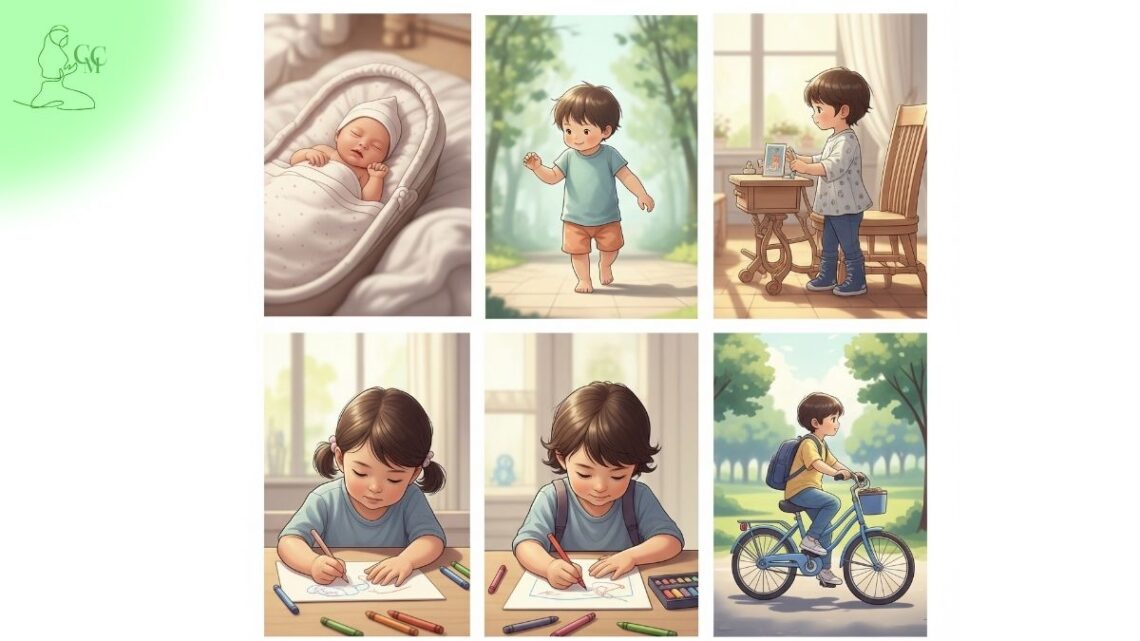 Bebê sorrindo brincando com blocos, ilustrando os marcos do desenvolvimento infantil e o progresso saudável.