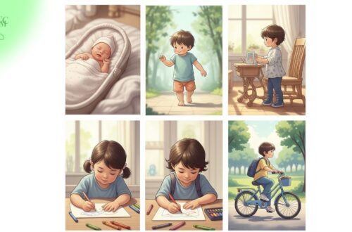 Bebê sorrindo brincando com blocos, ilustrando os marcos do desenvolvimento infantil e o progresso saudável.