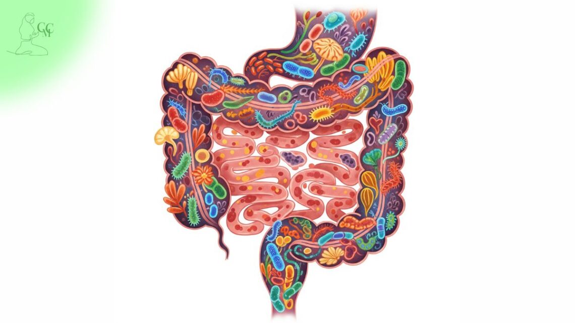 Representação visual de um intestino saudável com elementos de probióticos e alimentos benéficos.