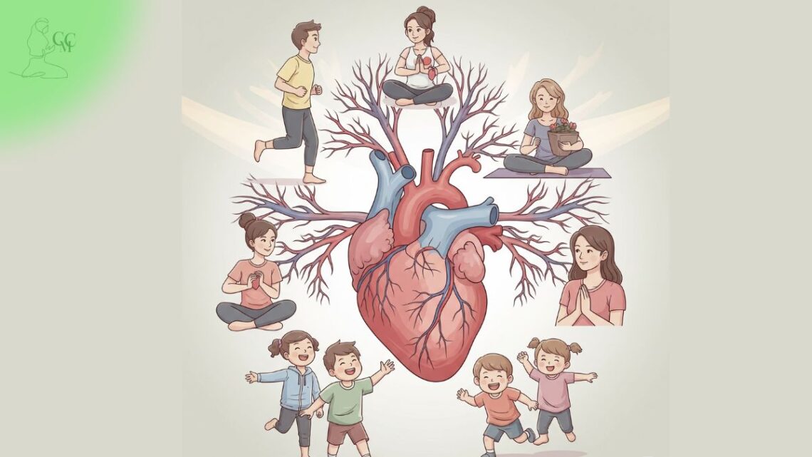 Grupo diversificado de pessoas (jovem, mulher, criança) em silhuetas ou representações simbólicas, com um coração vibrante ao centro, ilustrando a saúde cardíaca em diferentes grupos.