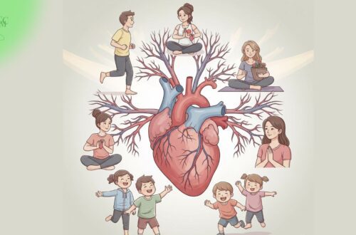 Grupo diversificado de pessoas (jovem, mulher, criança) em silhuetas ou representações simbólicas, com um coração vibrante ao centro, ilustrando a saúde cardíaca em diferentes grupos.