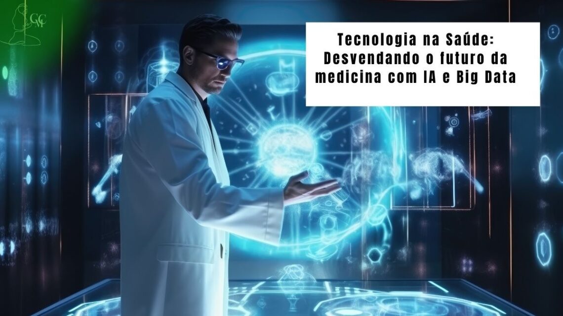 Gráfico digital conectando dados de saúde com ícones de IA, representando o futuro da tecnologia na saúde.