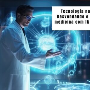 Gráfico digital conectando dados de saúde com ícones de IA, representando o futuro da tecnologia na saúde.