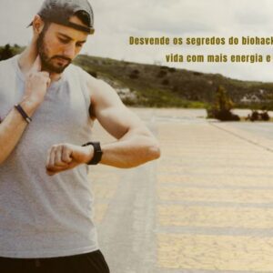 Pessoa otimizando a saúde com biohacking e tecnologia wearable.