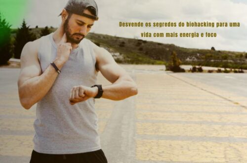 Pessoa otimizando a saúde com biohacking e tecnologia wearable.