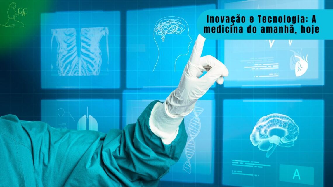 Mãos humanas interagindo com projeção holográfica de dados de saúde, simbolizando inovação e tecnologia na saúde