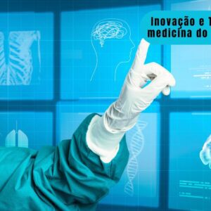 Mãos humanas interagindo com projeção holográfica de dados de saúde, simbolizando inovação e tecnologia na saúde