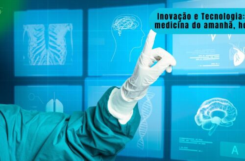 Mãos humanas interagindo com projeção holográfica de dados de saúde, simbolizando inovação e tecnologia na saúde