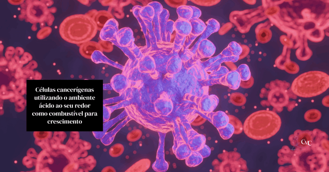 alternativo da imagem: “Representação artística do microambiente tumoral mostrando células cancerígenas em um ambiente ácido.